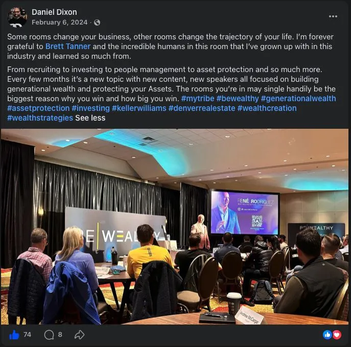 Facebook post from Daniel Dixon crediting Brett Tanner and the Be Wealthy rooms for shaping his business and building wealth.