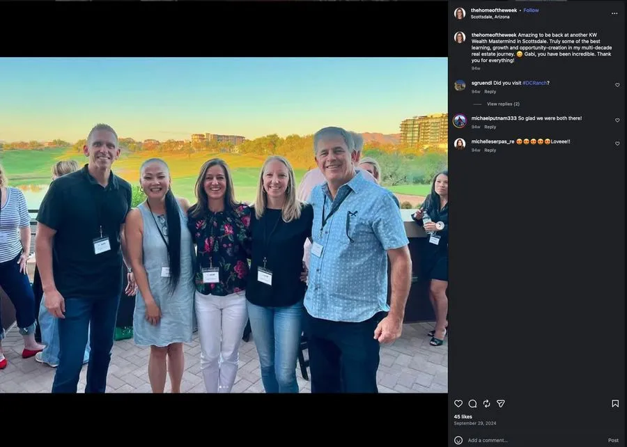 Instagram post from The Home of the Week about being back at a KW Wealth Mastermind in Scottsdale with great learning.