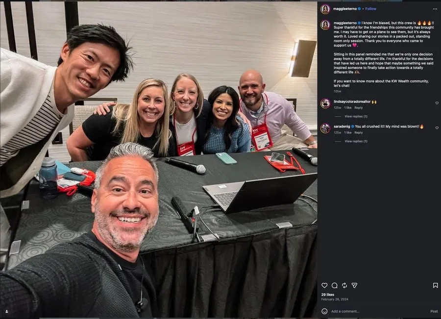 Instagram post from Maggie Eterno thanking the KW Wealth community for the friendships and a packed panel session.